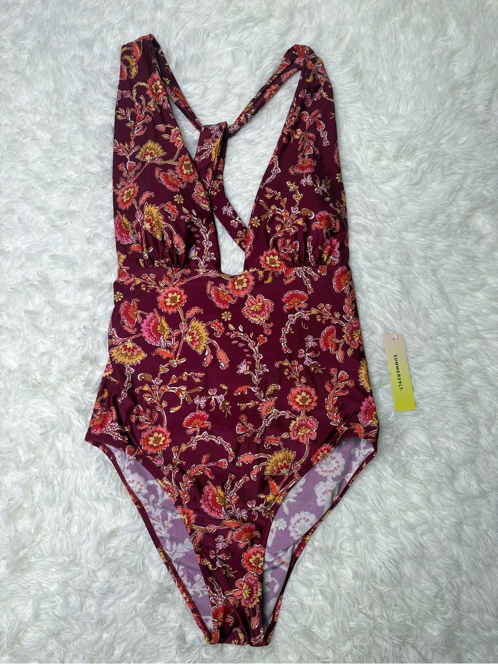 summersalt Burgundy Floral One-Piece Swimsuit with Pink and Yellow Accents